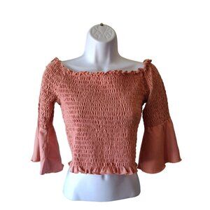 Jack By BB Dakota Women Smocked Crop Top Pink Large Off Shoulder Bell Sleeves